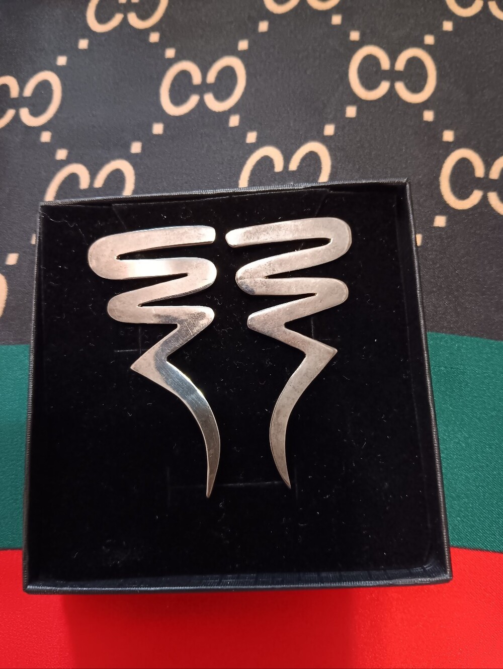 Vintage 925 Sterling Silver Zigzag Statement Earrings - Modern Geometric Design